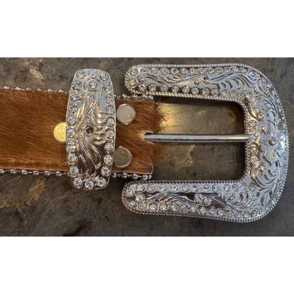 Western Rhinestone Cowhide Belt Hair On Hide Bling Cowgirl Rodeo Montana West